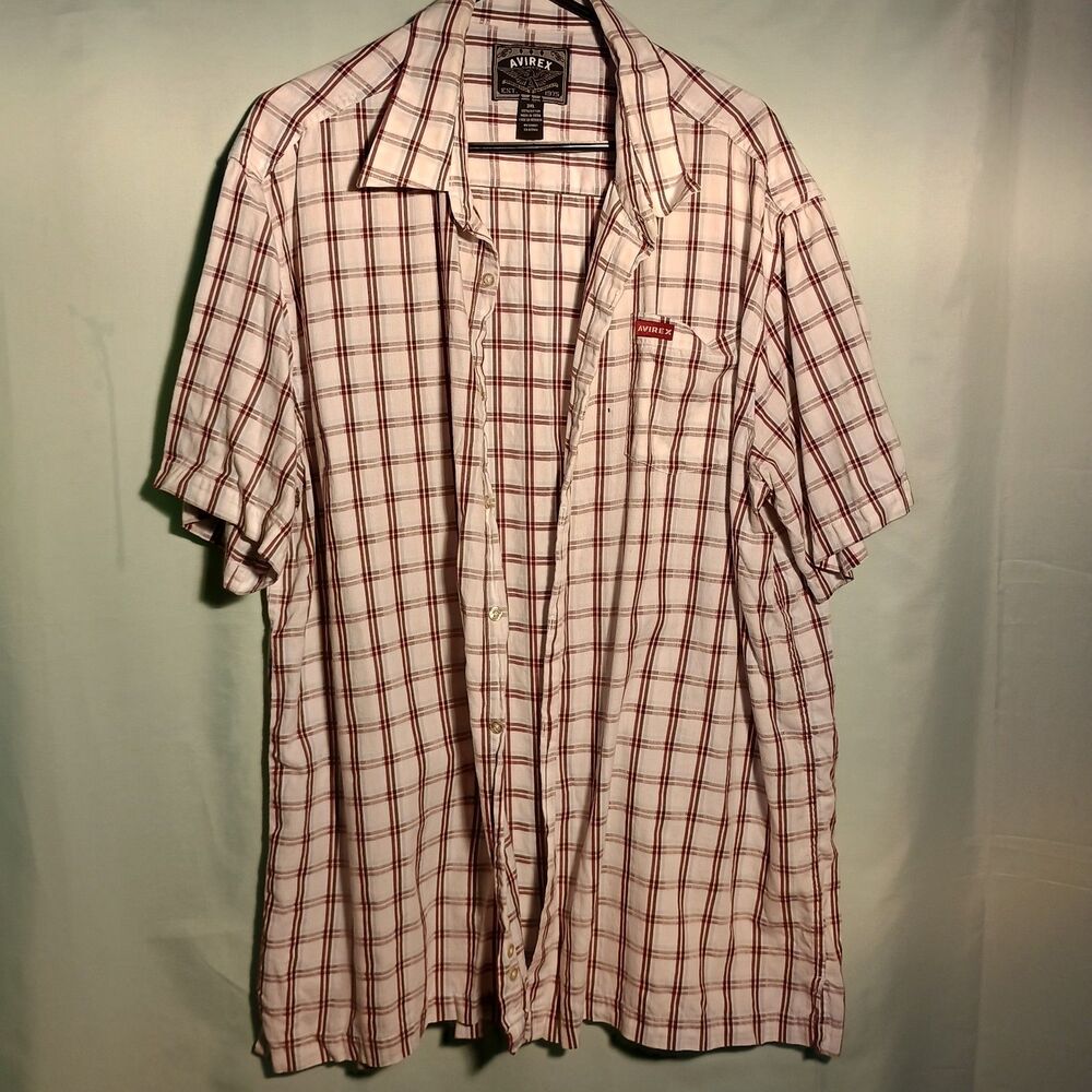 Avirex Men's Short Sleeve Plaid Button-Up Shirt – Red & White Casual Top